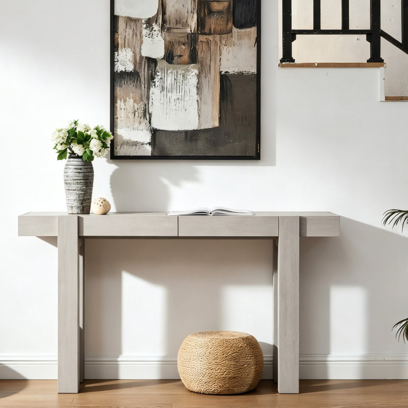 Console de 63 po en bois de style minimaliste moderne pour le hall d'entrée et le salon avec 2 tiroirs, Aulne blanc