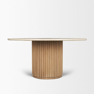 Ohearn 60" Botticino Marble Top Light Brown Fluted Wood Round Dining Base