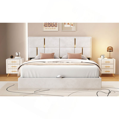 Queen Size Upholstered Platform Bed With Hydraulic Storage System,No Box Spring Needed,Beige