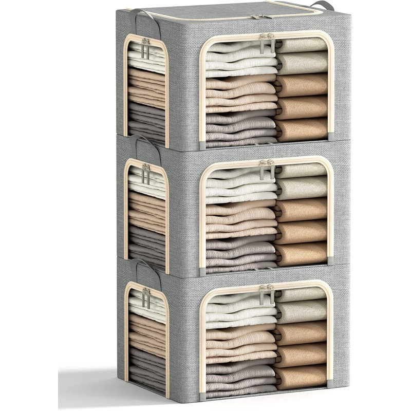 3 bacs de rangement pour vêtements avec cadre en métal, bac de rangement pliable pour les vêtements, bacs de rangement pour vêtements avec couvercle, boîte de rangement en lin avec fenêtre transparente, fermetures à glissière, poignées durables. (3 pièces, gris clair, 40L)