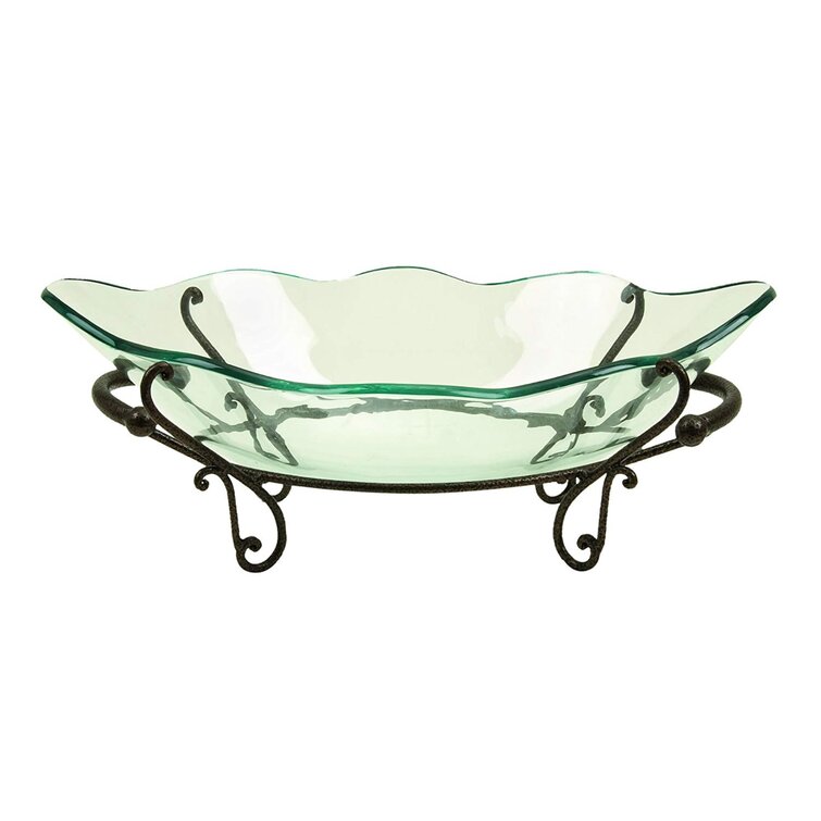 Large Vintage Decorative Glass Serving Fruit Bowl - Clear/Green