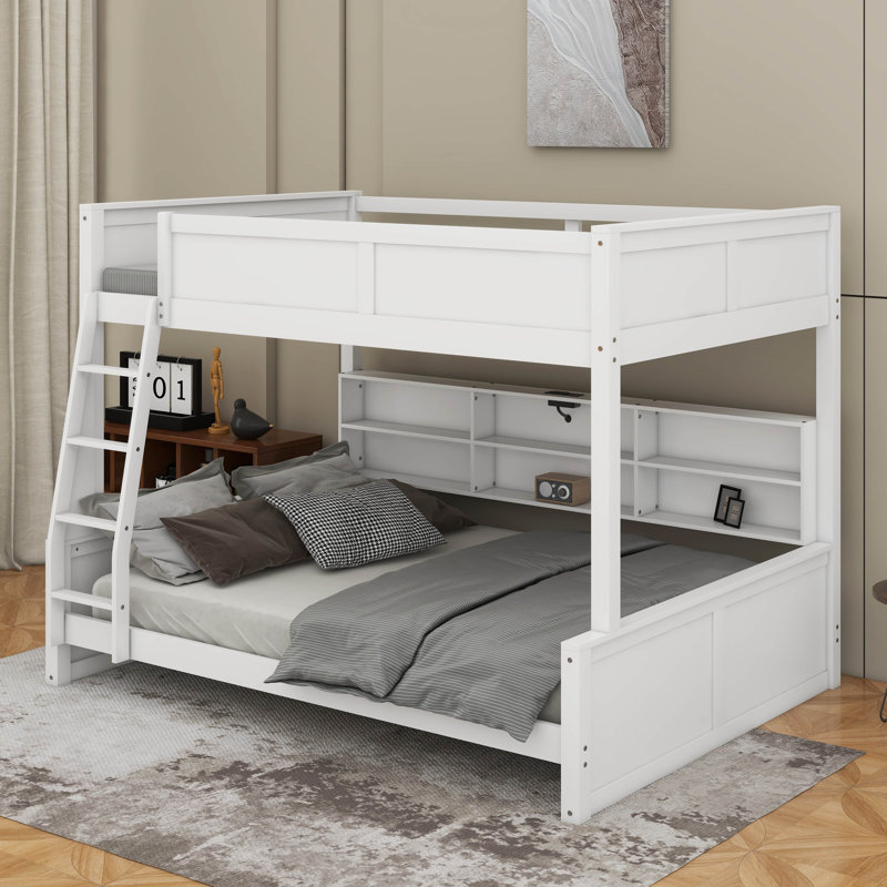 Bunk Bed with Storage Cabinets and USB, Antique White, Full XL over Queen