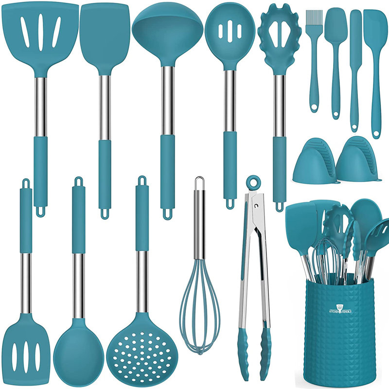 Ensemble de 17 ustensiles de cuisine en silicone en acier inoxydable antiadhésif, résistant à la chaleur, bleu