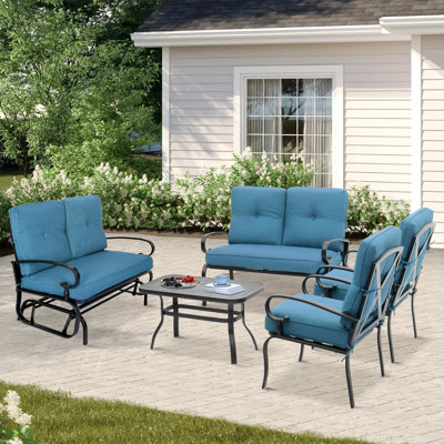Outdoor Metal Furniture Sets, 5 Pieces(6 Seats) Patio Conversation Set (Patio Swing Glider Bench, 2 Patio Chairs, Loveseat With Coffee Table), Peacock by Charlton Home