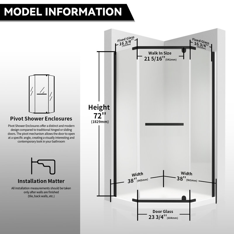 38" W x 38" D x 72" H Semi-Frameless Neo-angle Shower Door with Towel Bar and Fixed Panel, Frosted, Matte Black