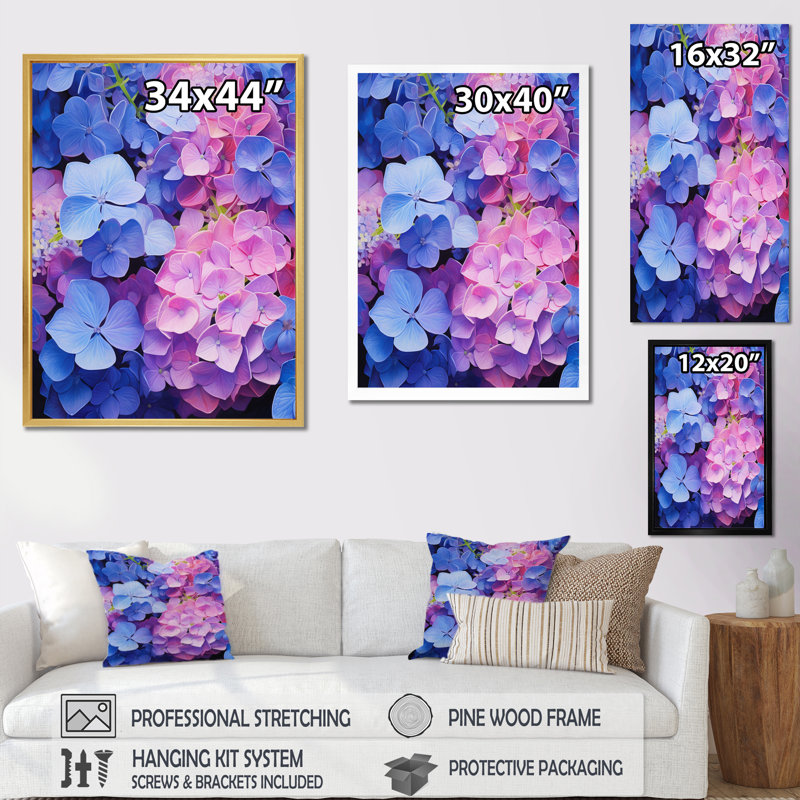 Reproduction sur toile d'hydrangées roses et mauves sur toile, H 32 po x l 16 po x P 1 po, Cadre flottant noir