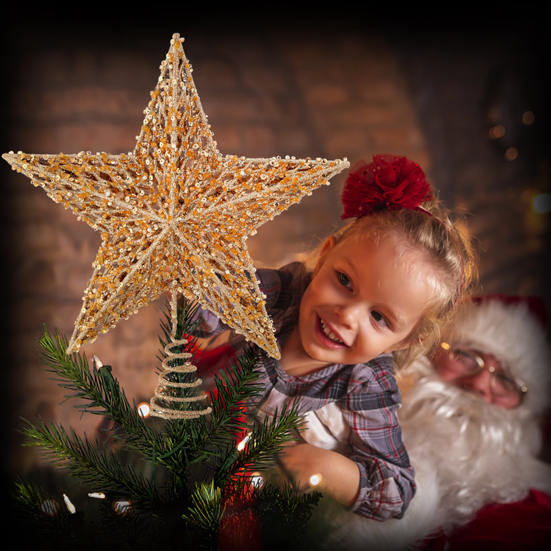 13" Sequin/Bead/Glitr Star Tree Topper Acbox, Champagne Gold