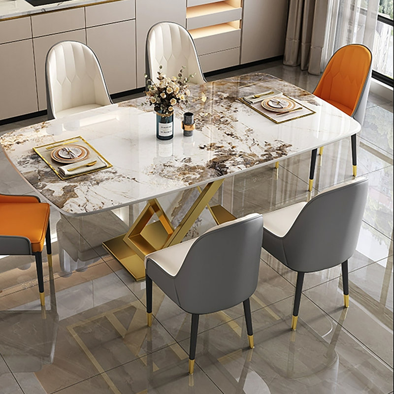 Rayeanna 71'' L Modern Luxury Rectangular Sintered Stone Top Dining Table for 6, Gold Stainless Steel Base