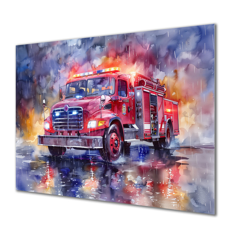 Décoration murale pompier rouge à New York pluvieux - pompier, H 16 po x l 32 po x P 1 po, Métal métal