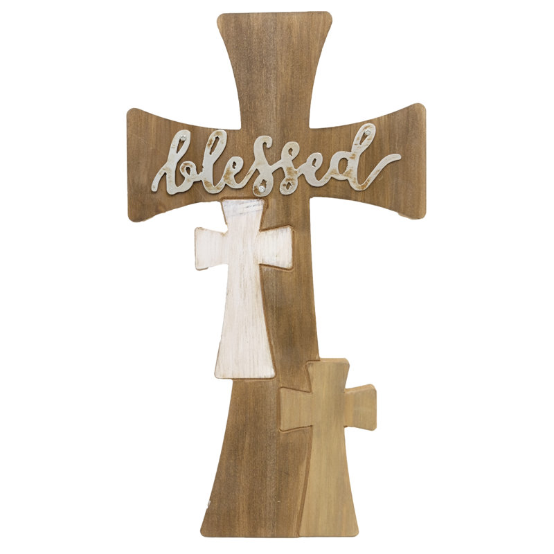 Croix murale en bois blanc, Blanc / Brun, H 13 po x l 7,25 po x P 0,4 po