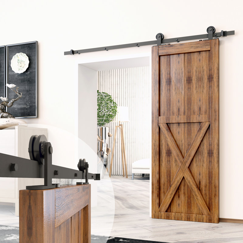 Ensemble de quincaillerie de porte de grange standard à une porte en forme de T noire rustique standard à fixation sur le dessus (porte non incluse)