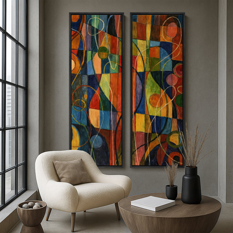 Art mural coloré sur toile à motif géométrique abstrait coloré - ensemble de 2, reproduction d'art encadrée sur toile 60 po x 20 po x 2, 60 po x 30 po x 2