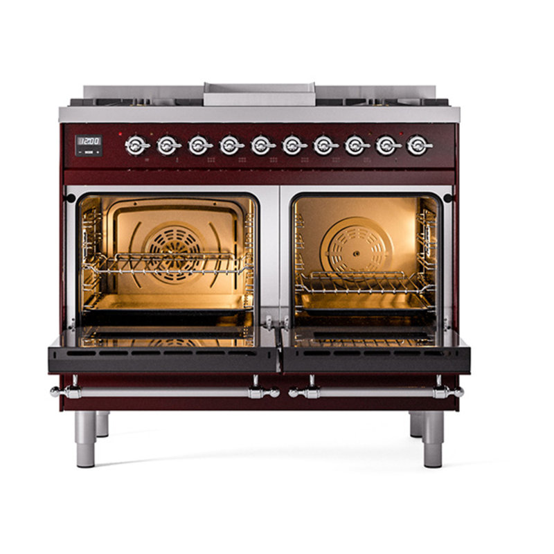 ILVE Nostalgie II Noblesse 40 in Dual Fuel Range, Burgundy/Chrome, Natural Gas
