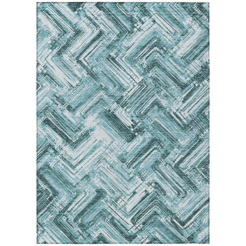 3' X 5' Teal Blue Aqua And Ivory Geometric Washable Indoor Outdoor Area Rug