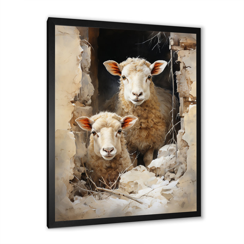 «Beige Sheep Rustic Ruminations I», reproduction d'art sur toile, Cadre photo noir, H 32 po x l 24 po