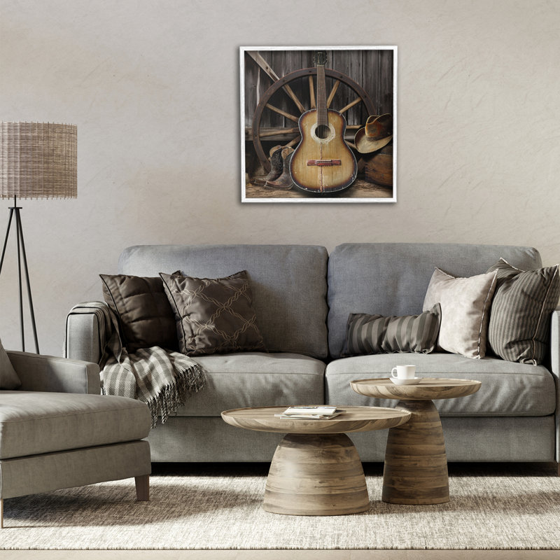 «Rustic Western Guitare», par CAD Designs, Encadrement giclée blanc côtier, H 17 po x l 17 po