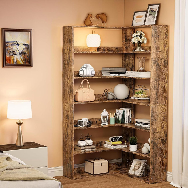 Bibliothèque d'angle à 6 niveaux avec baffles pour un rangement efficace, Brun