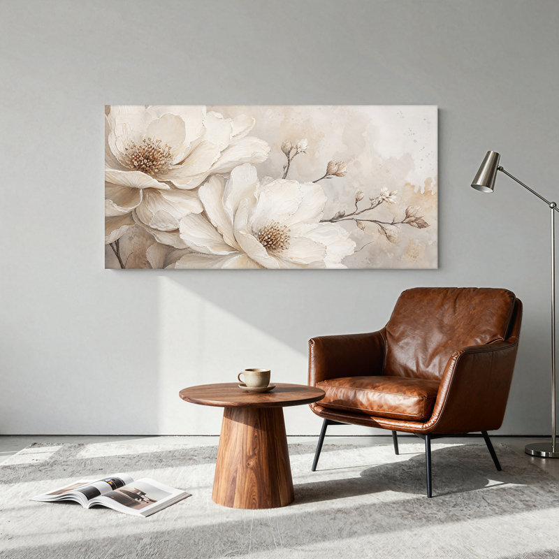 Tableau sur toile texturée à fond beige avec des fleurs de magnolia blanc, L 40 po x H 20 po