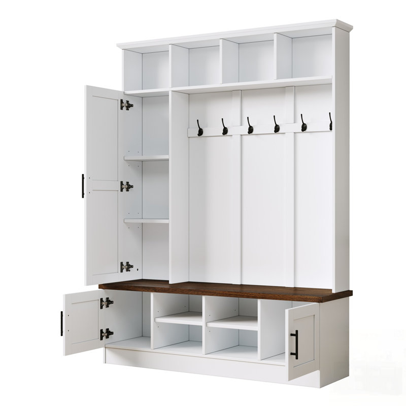 Versatile 3-In-1 Hall Tree With 6 Hooks, Farmhouse Walnut Storage Bench, Adjustable Shelves, Entryway Organizer For Mudroom And Hallway