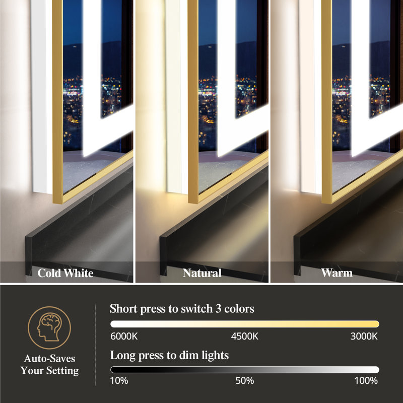 Bathroom LED Mirror Brushed Gold Metal Frame Frontlit & Backlit Vanity Mirror Anti-Fog Stepless Dimmable 3 Colors Wall-Mounted