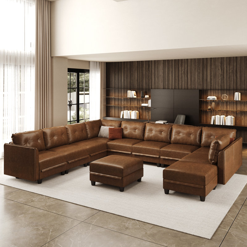 Modular Sectional Sofa With Storage, Modern Brown Faux Leather, Reversible Chaise, U Shaped Couch For Living Room, Waterproof & Easy Clean, 10 Seats With 1 Ottomans