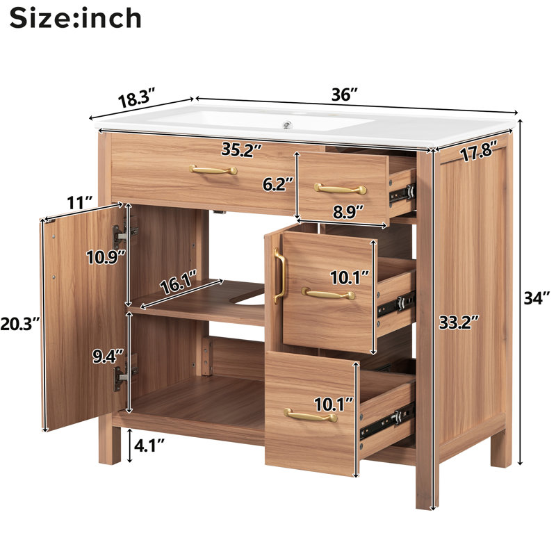 Meuble-lavabo moderne de 36 po en bois, portes et tiroirs à fermeture en douceur, lavabo en céramique, tablette réglable pour petits espaces, 2 portes solides, 3 portes compactes
