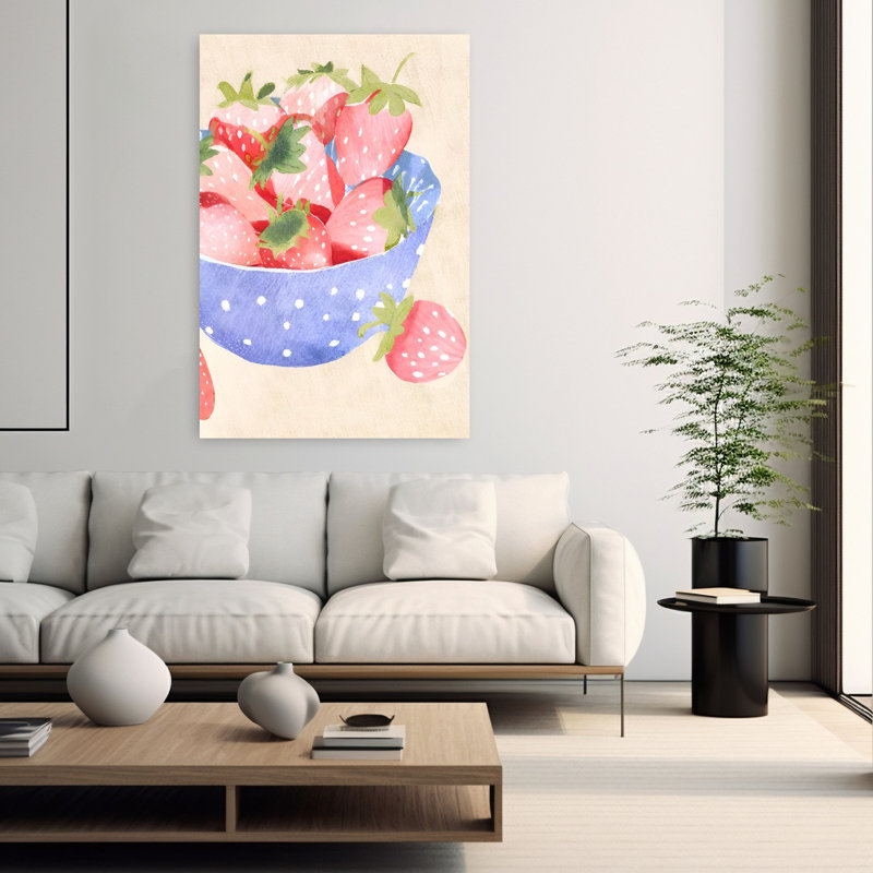 «Fresh Strawberry Bowl», art mural rustique contemporain, H 60 po x l 40 po