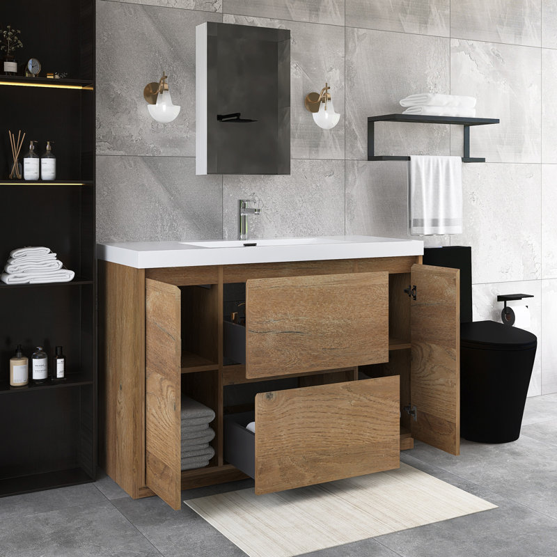 Meuble-lavabo autoportant 47,24 po avec plateau en résine intégré, Brun