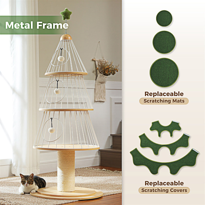 Tour pour arbre de Noël moderne 51,5 po avec poteau à griffes épais (F5,4 po), arbre à chat en bois avec 3 condos et mobilier pour chat esthétique avec structure en métal et coussin remplaçable pour chat de petite et moyenne taille jusqu'à 12 lb