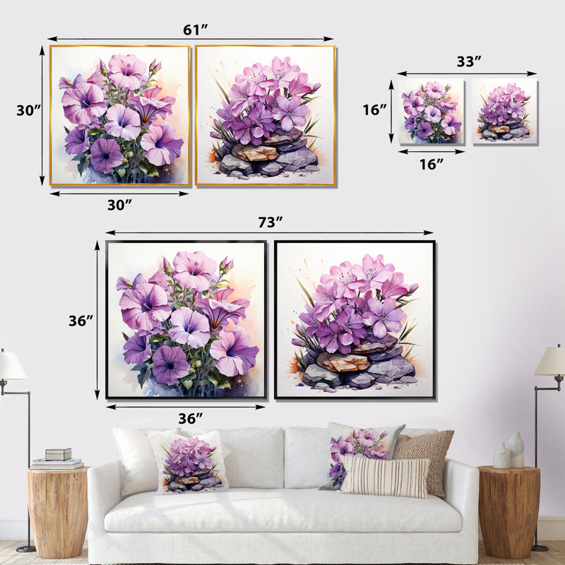 Ensemble de 2 décorations murales mauves pétunias mauves, Cadre noir, H 16 po x l 33 po x P 1 po