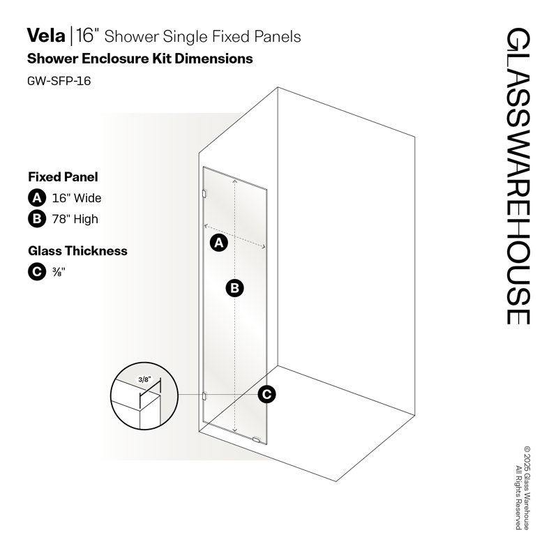 Vela 16 in. x 78 in. Fully Frameless Single Fixed Shower Panel, Matte Black