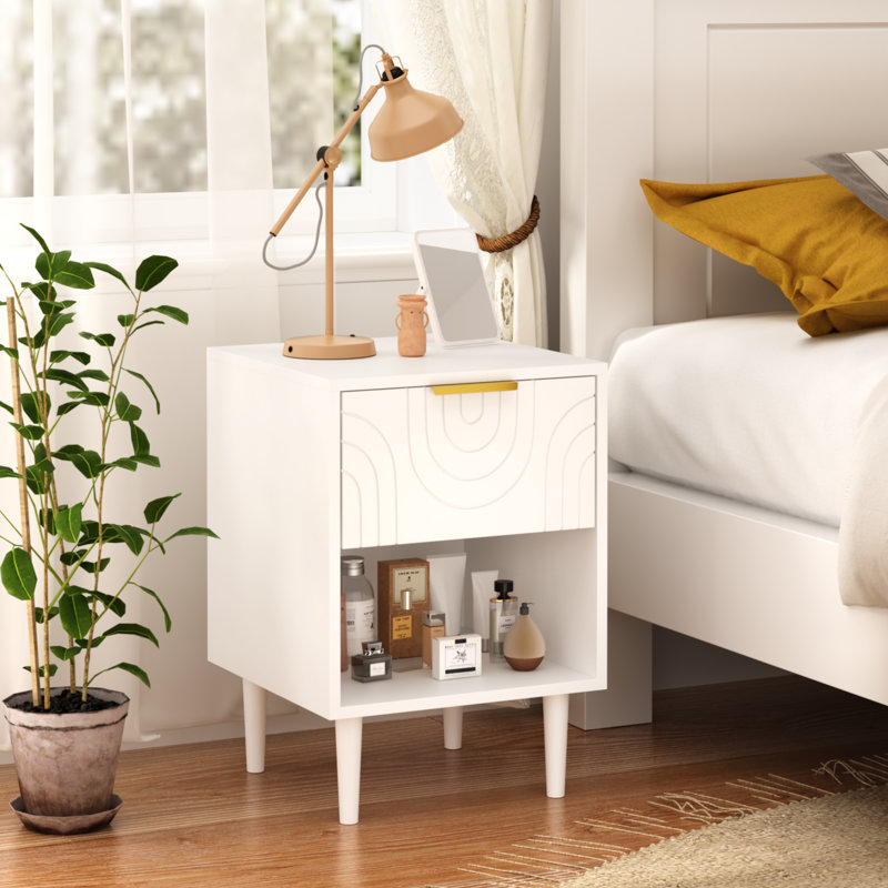 22.83'' H Modern White Nightstand With One Drawer And Open Shelf, Gold - Accented Handle, Ideal For Bedroom Decor