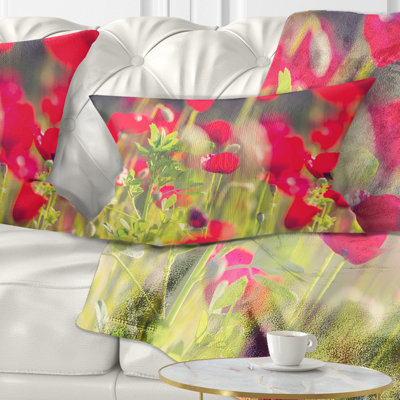 Red Poppies on Green Background - Floral Printed Pillow