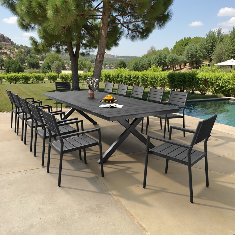 12 - Person 118.1'' W x 40.6'' D Aluminum Outdoor Patio Dining Set with Stackable Chairs, Black
