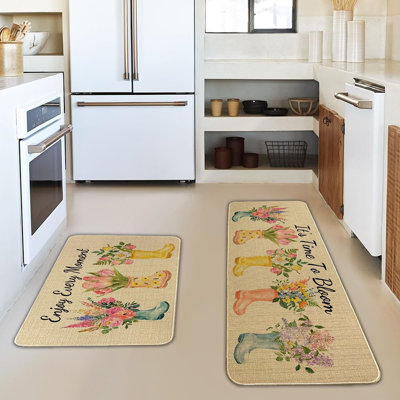 Floral Spring Kitchen Rugs - Multi - Set Of 2 Low-Profile Non-Slip Floor Mats, Colorful Rain Boots Design, Home Kitchen Decor