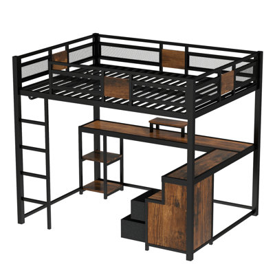 Queen Loft Bed with Desk & Storage, Metal Frame with Ladders, Non-woven Drawers, Noise-Free, No Box Spring