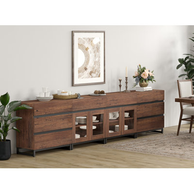 Buffet 4 en 1 multifonctionnel avec portes en verre et 8 tiroirs, crédence moderne avec tablette réglable et base en métal, armoire à café pour le salon, la cuisine