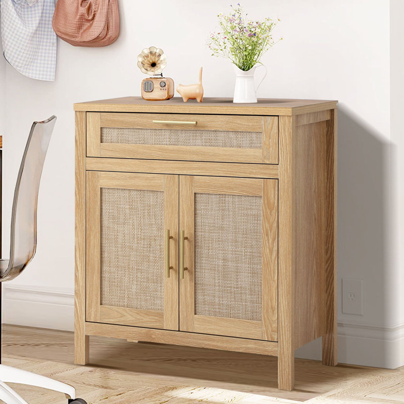 Rattan Buffet Sideboard Cabinet with Storage, Boho Accent Console Table Cabinets with Drawer Doors Adjustable Shelf, Rattan Credenzas Coffee Bar Sideboards