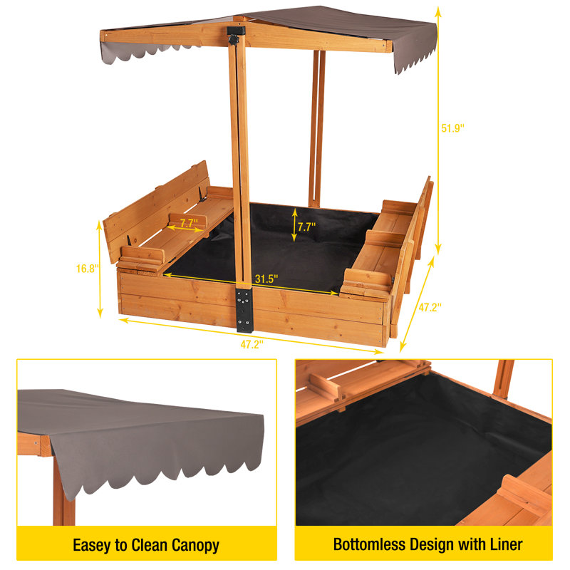 Natural Wood Kids' Sandbox with Cover and Bench
