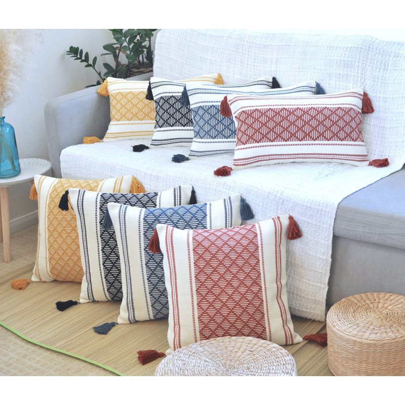 Mustard Yellow and Cream Cotton Boho Lumbar Pillowcases with Tassels