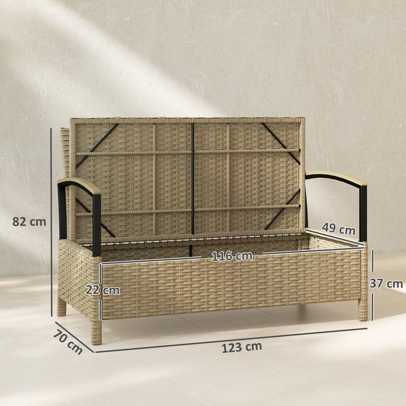 Outsunny 125L Garden Storage Bench 2 Seater PE Rattan Metal Frame, Beige/Black
