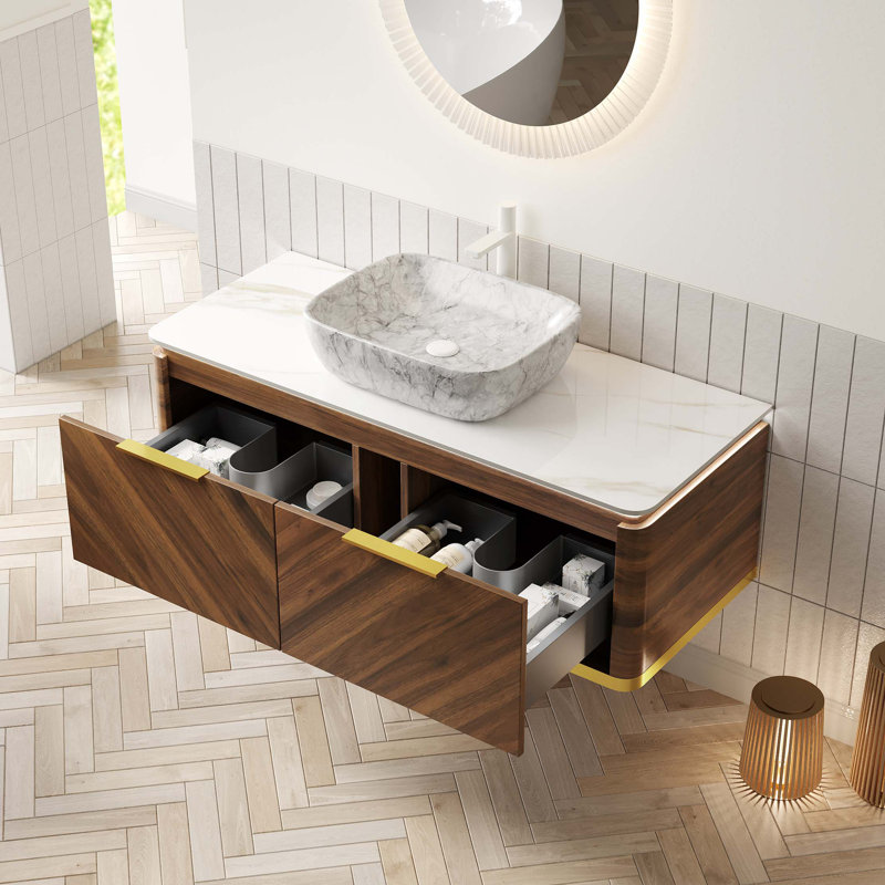 Meuble-lavabo 48 po, meuble de rangement flottant, tiroirs avec poignée et capteur de lumière, vasque en céramique à motif marbré et plateau en pierre frittée, pré-assemblé