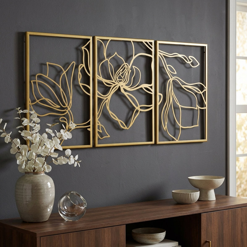 Metal Floral Wall Decor Set - 3 Piece Wall Art, Gold, 18" H x 36" W x 1" D