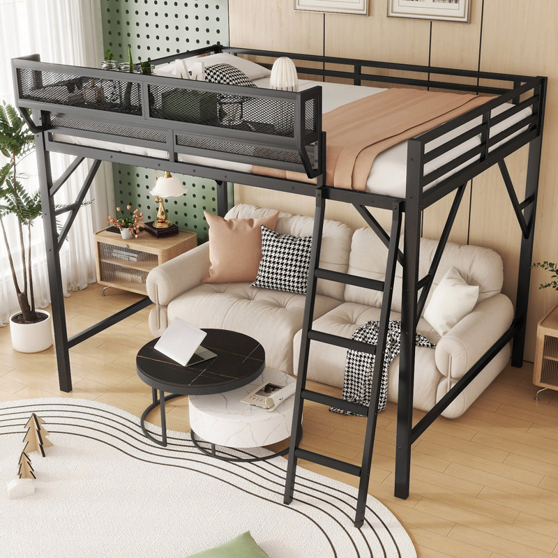 Loft Bed With Ladder, Metal Loft Bed With Storage Shelves, High Loft Bed