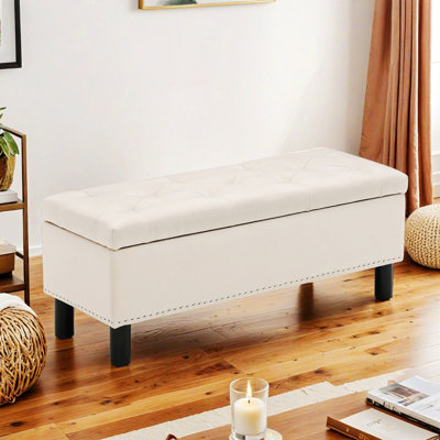 Banc de rangement avec repose-pieds avec pieds en bois et banc de rangement rembourré avec capitonnage