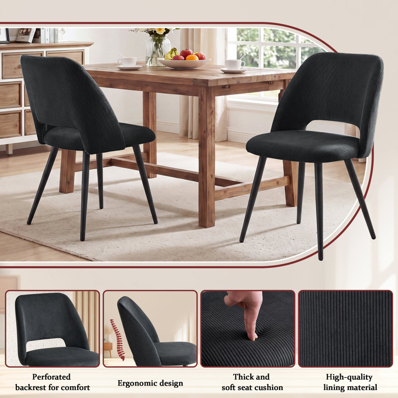 Modern Cutout Back Corduroy Upholstered Dining Chair, Kitchen Dining Accent Chair,Black Metal Legs, 6, Black