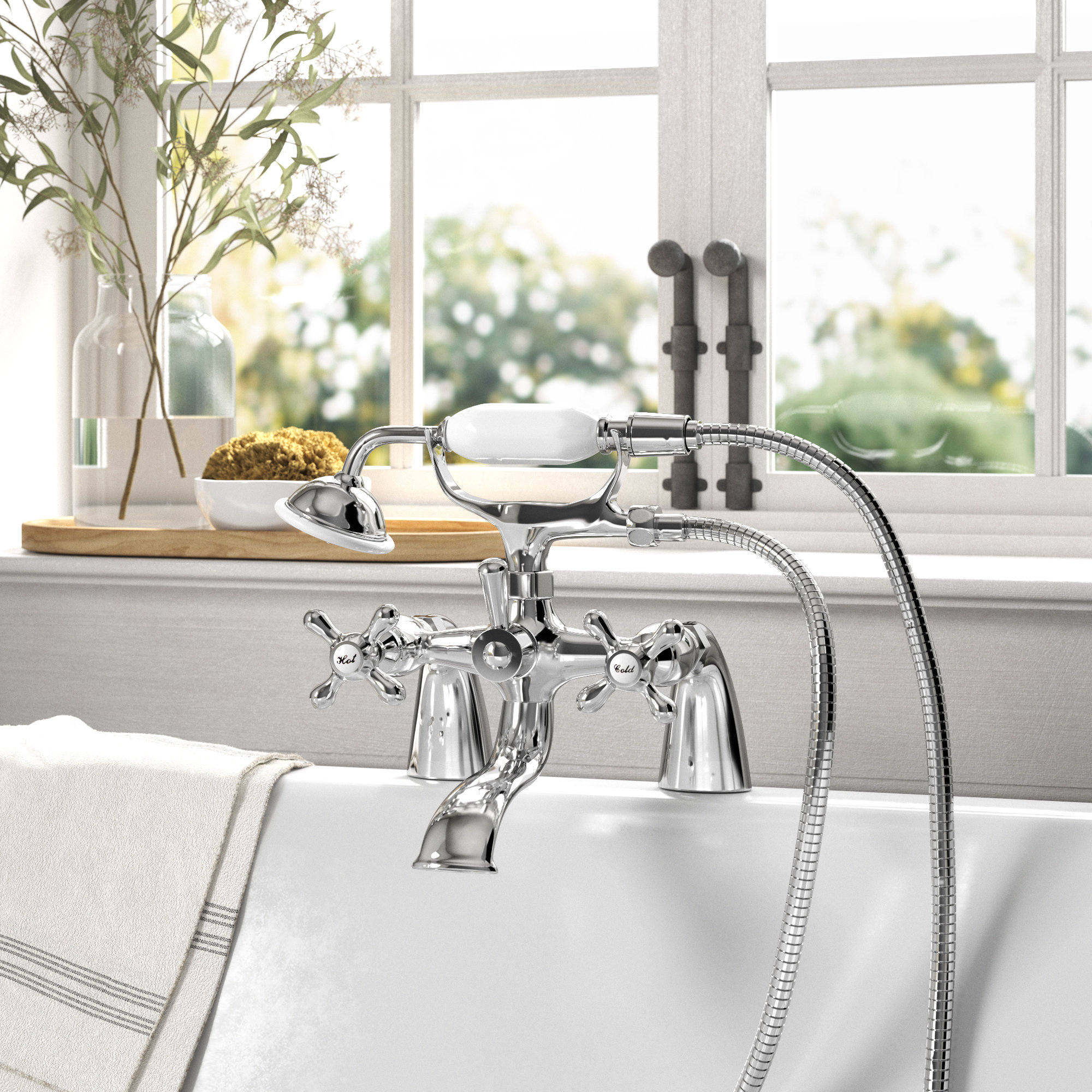 Kingston Brass Kingston Three-Handle 2-Hole Deck Mount Clawfoot Tub Faucet with Hand Shower, Polished Chrome