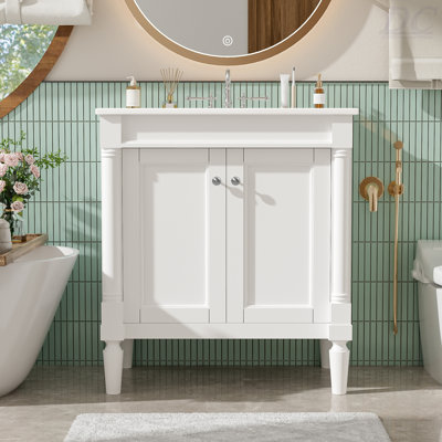 Armoire de meuble-lavabo 30 po avec lavabo en céramique 30 po, armoire de rangement avec portes à fermeture douce et pieds en bois massif