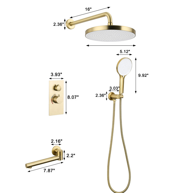 Système de douche de luxe avec douche de tête de 10 po, douchette à 3 jets et bec de baignoire à réglage précis de l'eau, tête de salle de bain murale, finition dorée brossée, contrôle de débit