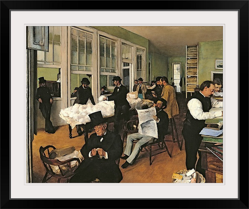 Reproduction d’art sur l’échange de coton, nouvelle-orléans, 1873 Edgar Degas, H 20 po x l 23 po x P 1 po, Cadre noir